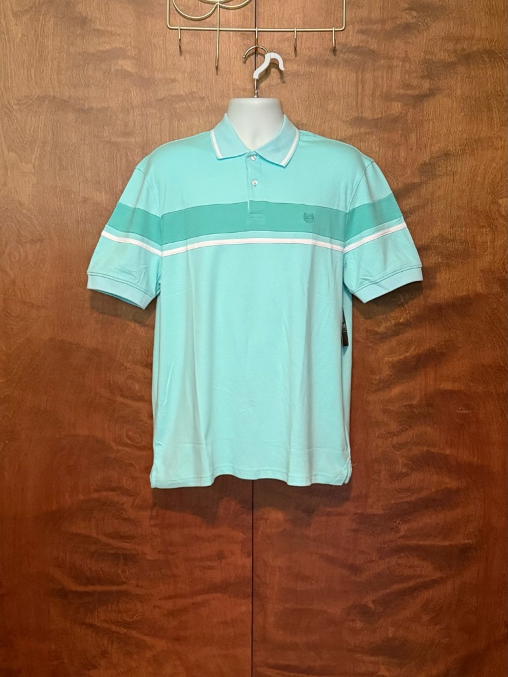 CHAPS Short Sleeve Colorblock Polo Shirt Mens L Mint Green & White Cotton Knit